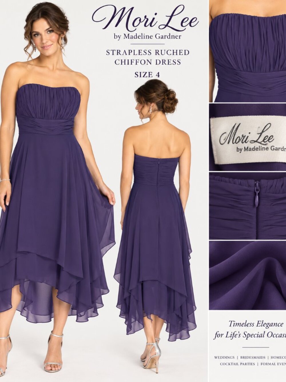 MORI LEE DEEP PURPLE STRAPLESS RUCHED CHIFFON DRESS SIZE 4